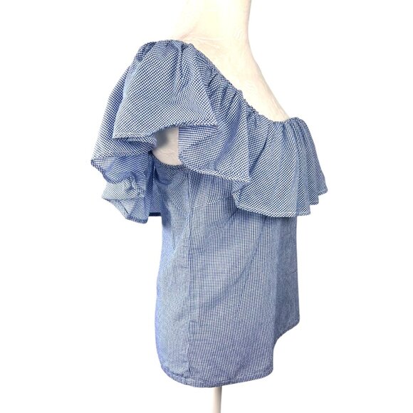 Joes Jeans One Shoulder Blouse Gingham Ruffle Blue White Size Small - Picture 6 of 8